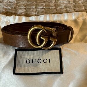 Gucci GG Marmont Brown Leather Belt with Antique Gold Buckle